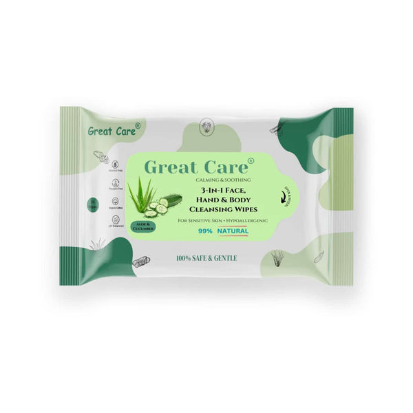 Great Care 3-in-1 Face, Hand & Body Cleansing Wipes - Calming & Soothing with French Lavender, 99% Natural, Hypoallergenic, Alcohol-Free, pH Balanced, 25 Wipes (Pack of 1)